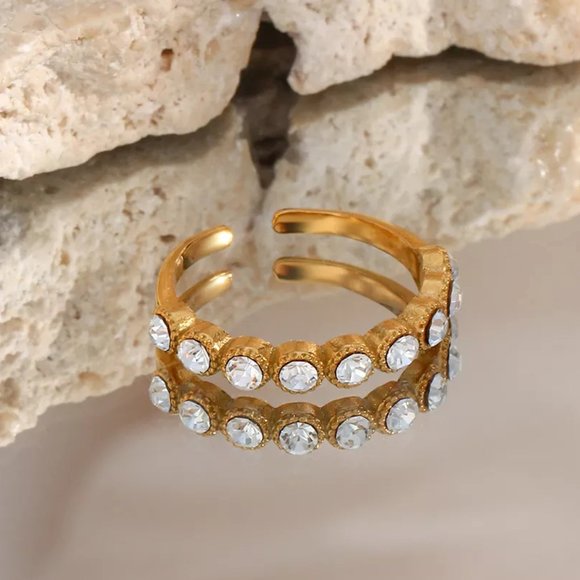 Vintage Sparkly Zircon 18K Gold Plated Adjustable Ring Stainless Steel - Picture 9 of 10